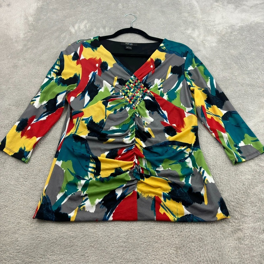 VTG Style & Co Mesh Top Womens Petite L Multicolor Nylon Stretch Artsy Y2K Wacky